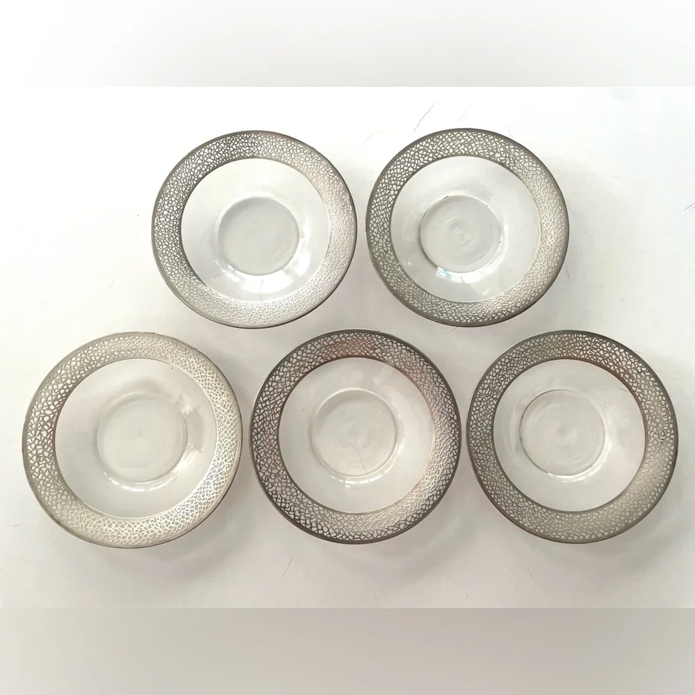 Five Vintage Clear Glass Sterling Silver Lace Overlay Bread Plates